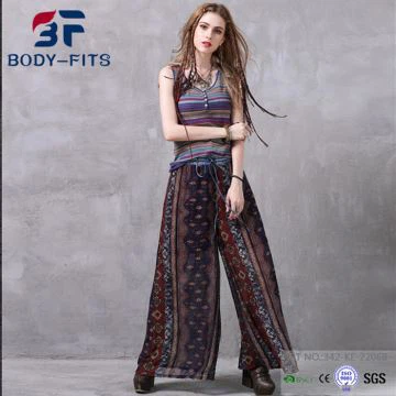 Pantalons de cama ampla de gasa estampada